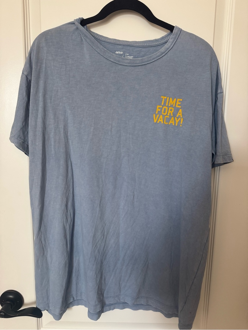 aerie Blue Short Sleeve Tee with Yellow 'Time For A Vacay' Chest Print